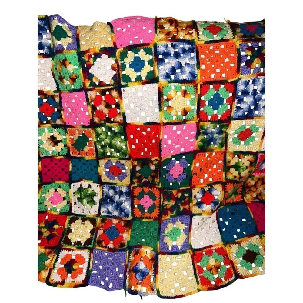 Afghan Crochet quirky Granny Square 66x38 Blanket Handmade Throw colorful floral